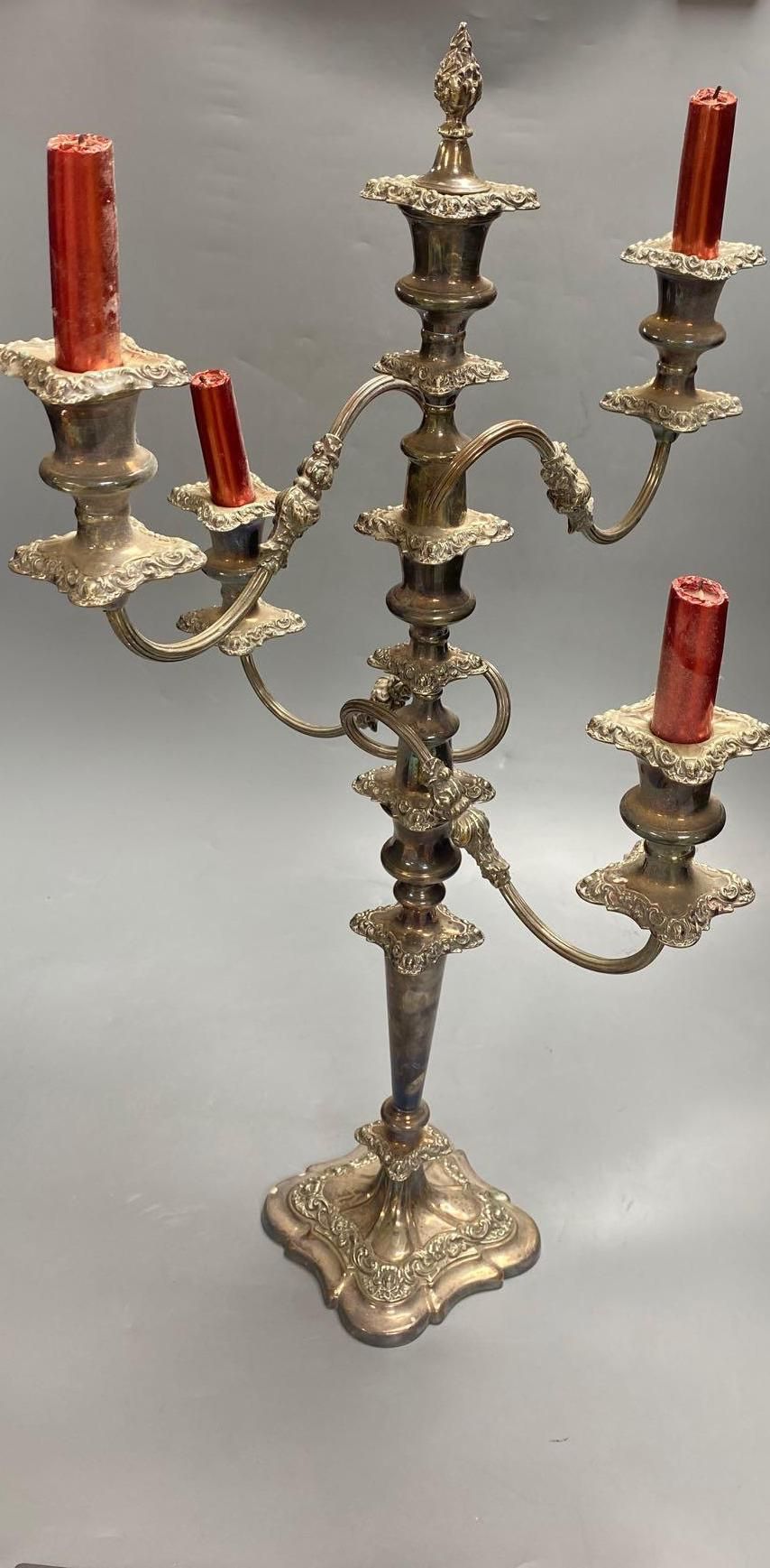 A pair of silver plated candelabra, three sconce candelabra, 51cm